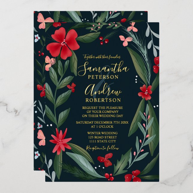 Invitation En Aluminium Motif de couronnes fleurie rouge (Recto/Verso)