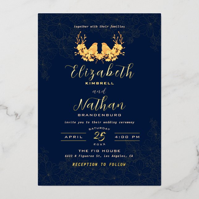 Invitation En Aluminium Motif floral oiseaux dorés luxe bleu marine (Recto)
