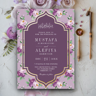Invitation En Aluminium Motif floral violet Mariage musulman Or