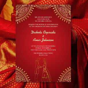 Invitation En Aluminium Motifs rouges et dorés pour mariage de couple indi