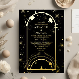 Invitation En Aluminium Mystique Or Noir Céleste Stars Mariage 