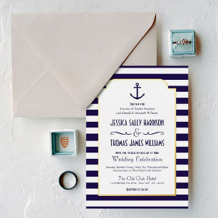 Invitation En Aluminium Nautical Navy & Rayure Blanche Mariage Ancre Réel 