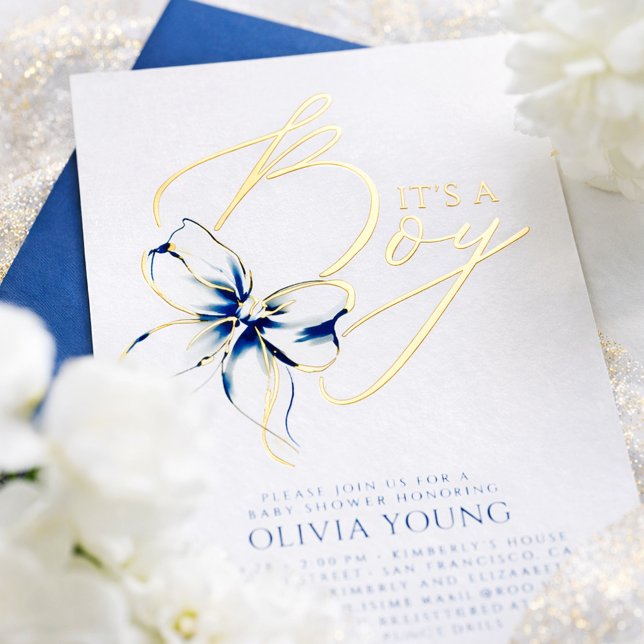 Invitation En Aluminium Navy Blue Bow Elegant Modern Boy Baby Shower (Navy Blue and Gold Foil Bow Boy Baby Shower Invitation)