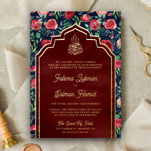Invitation En Aluminium Navy Blue Roses Fleuris Musulman Mariage Or