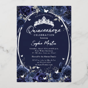 Invitation En Aluminium Navy Captivant Papillon Floral Quinceanera