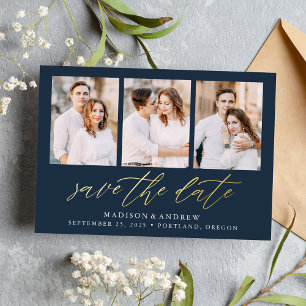 Invitation En Aluminium Navy et Or Écriture 3 Photo Save the Date