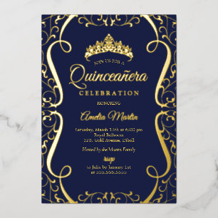Invitation En Aluminium Navy Or Élégant Tourbillon Quinceanera