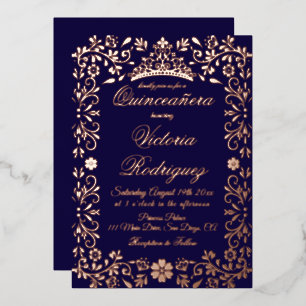 Invitation En Aluminium Navy Or Quinceañera Élégant Floral 