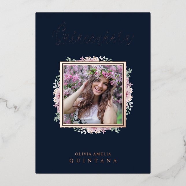 Invitation En Aluminium Navy Quinceañera Trendy Garland Photo Spanish (Recto)