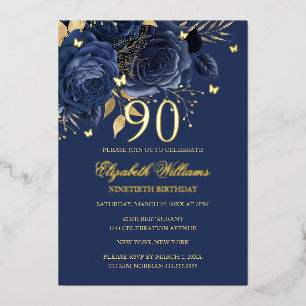 Invitation En Aluminium Navy Rose Papillon Étincelant 90e Anniversaire