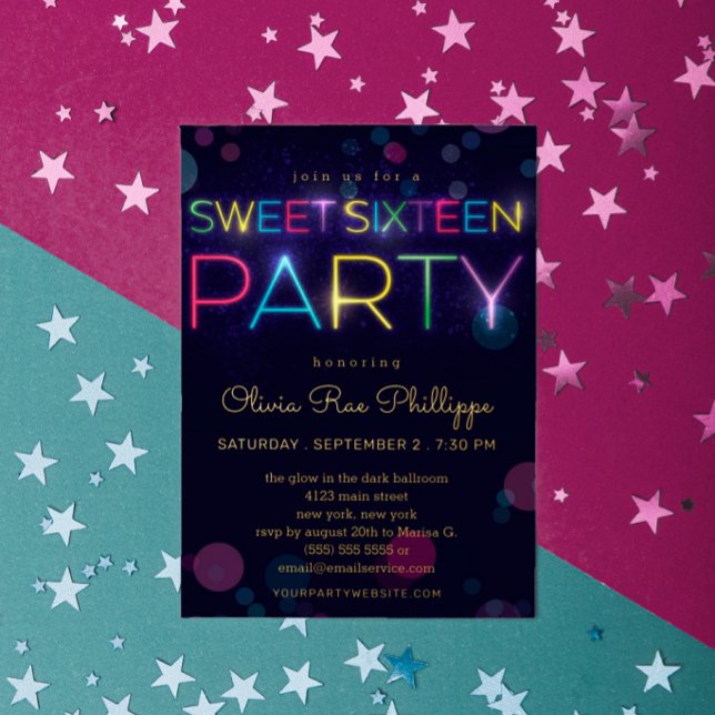 Invitation En Aluminium Neon Sweet sixteen Gold (Créateur téléchargé)