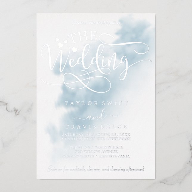 Invitation En Aluminium Nettoyage aquarelle | Mariage à huile bleu et arge (Recto)