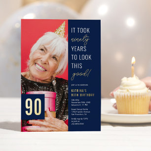 Invitation En Aluminium Ninety Photo Blue & Gold 90th Birthday Party Real