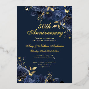 Invitation En Aluminium Noces de mariage 50 ans Floral Navy Or