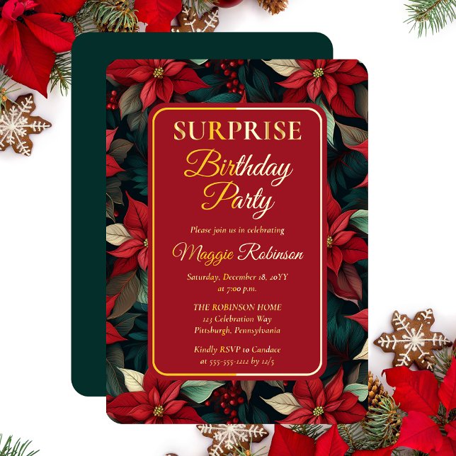 Invitation En Aluminium Noël Fête Florale Surprise fête d'anniversaire (Elegant Dark and Moody Poinsettias Christmas Holiday Surprise Birthday Party Gold Foil Invitation)