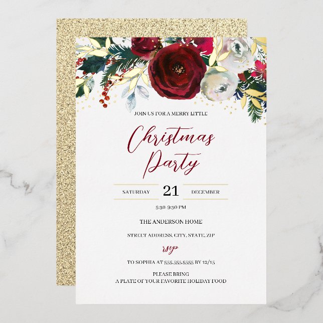 Invitation En Aluminium Noël Gold Red Festive Foliage Party (Recto/Verso)