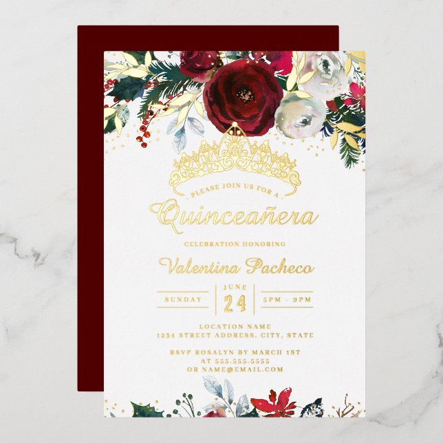 Invitation En Aluminium Noël Rouge Gold Festiage Quinceanera (Recto/Verso)