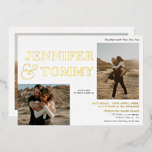 Invitation En Aluminium Noir blanc en gras noms or 3 photos mariage