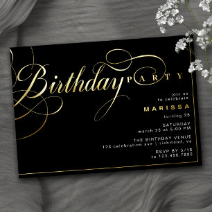 Invitation En Aluminium Noir et Or Élégant Glamour Anniversaire Tous Âge