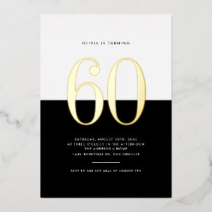 Invitation En Aluminium Noir moderne et blanc 60e anniversaire Gold Foil