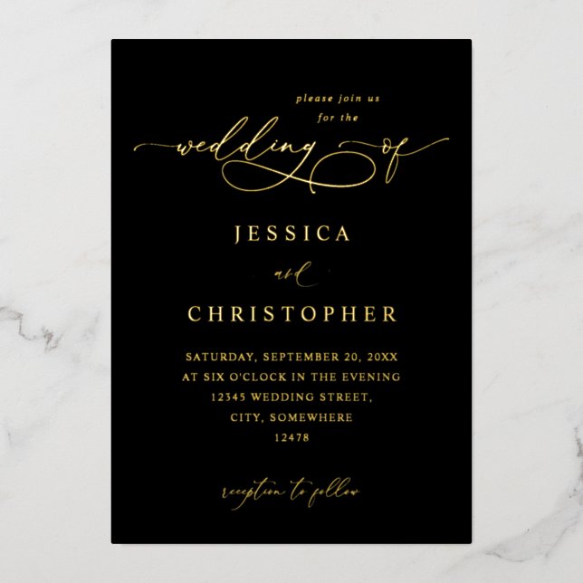 Invitation En Aluminium Noir & Or Moderne Calligraphie 3 Mariage (Recto)