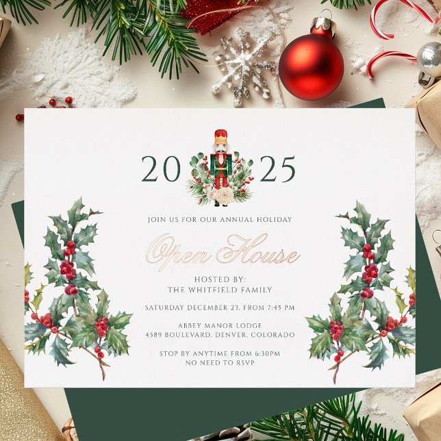 Invitation En Aluminium Noisette de Noël Open House Holiday Rose Gold (Christmas Open House Nutcracker Botanical Rose Gold Foil Invitation)