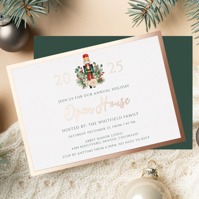 Invitation En Aluminium Noisette de Noël Open House Holiday Rose Gold (Christmas Nutcracker Open House Holiday Rose Gold Foil Invitation)