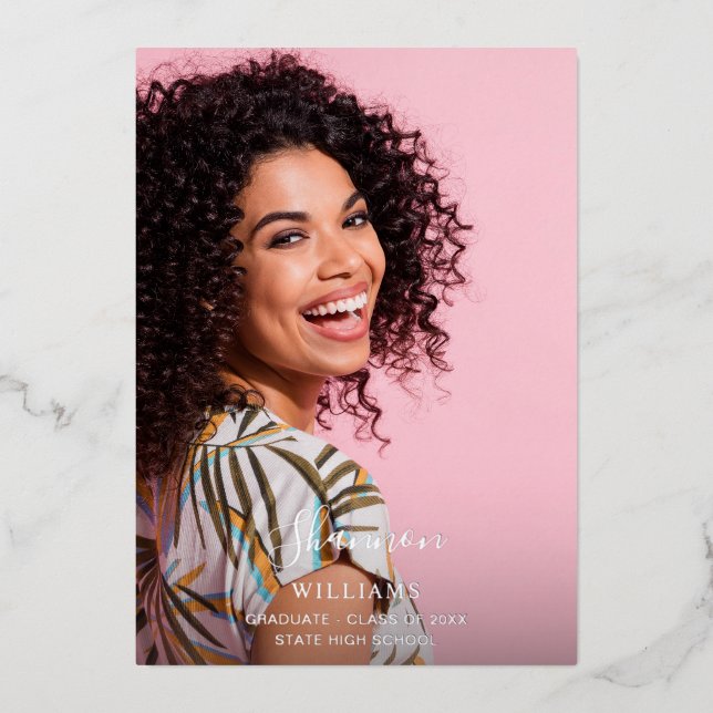 Invitation En Aluminium Nom du grand script Photo Grad Party Lumière verti (Recto)