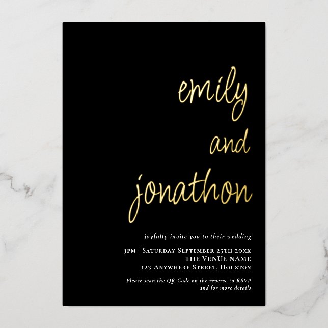 Invitation En Aluminium Noms de script Code QR Mariage Luxe Noir (Recto)