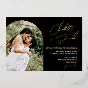 Invitation En Aluminium Noms de texte de script doré sur photo de mariage 