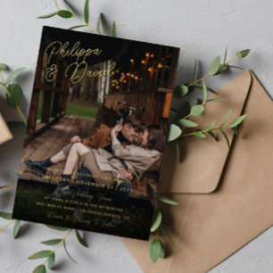 Invitation En Aluminium Noms en écriture de feuille d'or Photo Mariage