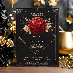 Invitation En Aluminium Notre jardin de roses diamant rouge noir et or mar