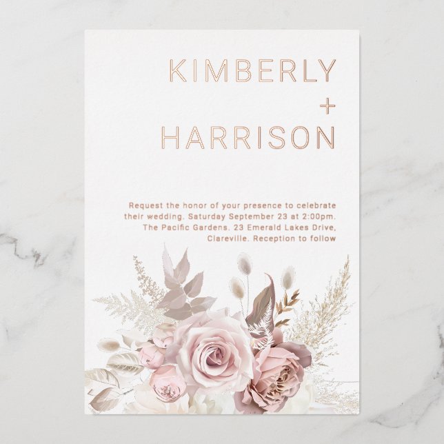 Invitation En Aluminium Notre merveilleux Mariage : or Rose et floral (Recto)