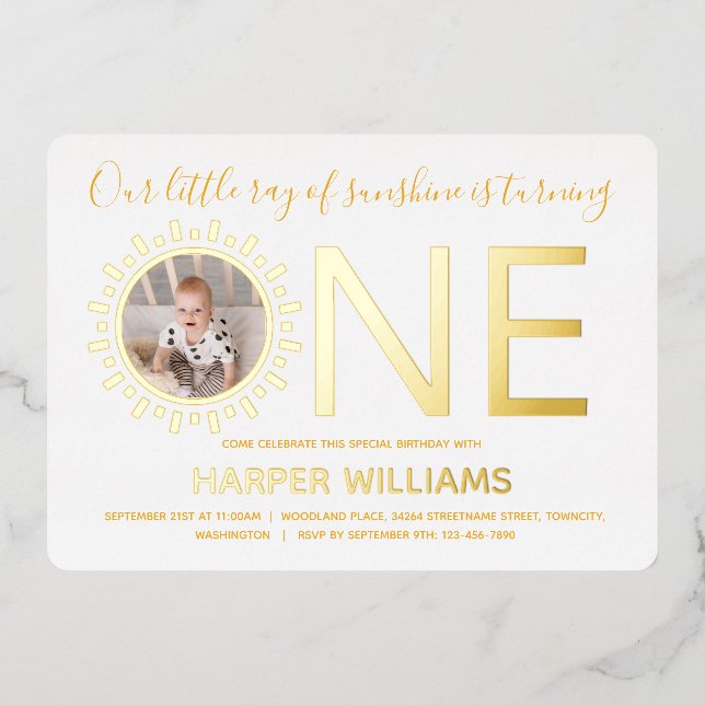 Invitation En Aluminium Notre Ray of Sunshine Gold Photo Baby Premier anni (Recto)