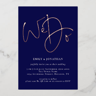Invitation En Aluminium Nous Disons Navy QR Code Rose Gold Vrai Foil Maria