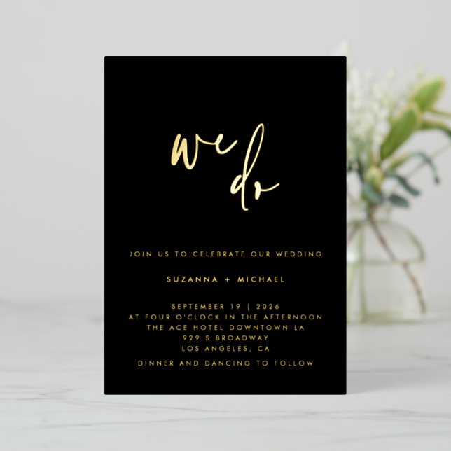 Invitation En Aluminium Nous faisons Moderne Noir Calligraphie Mariage Or  (Debout devant)