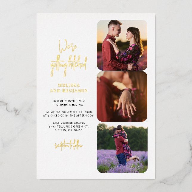 Invitation En Aluminium Nous obtenons Hitched Photo Collage Mariage Gold (Recto)