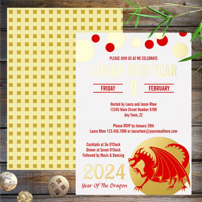 Invitation En Aluminium Nouvel An Lunaire 2024 Rouge Dragon Moderne Blanc  (Créateur téléchargé)