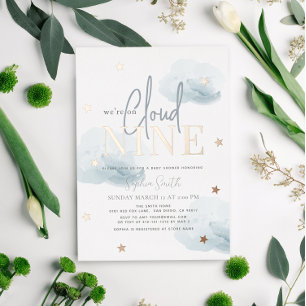 Invitation En Aluminium Nuage 9 nuages bleus Aquarelle Baby shower garçon