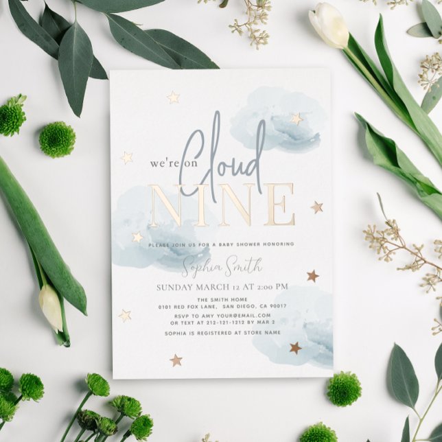 Invitation En Aluminium Nuage 9 nuages bleus Aquarelle Baby shower garçon (Créateur téléchargé)
