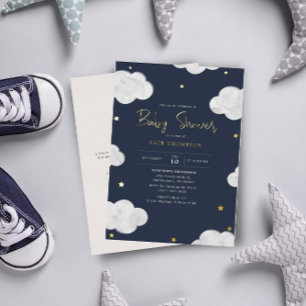 Invitation En Aluminium Nuage Aquarelle Bleu Foncé Baby Shower Garçon Or