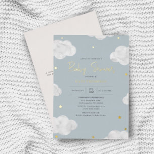 Invitation En Aluminium Nuage Aquarelle Bleu Gris Garçon Baby Shower Or