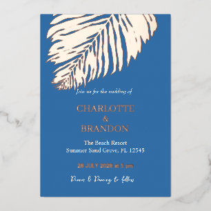 Invitation En Aluminium Ocean Blue Tropical Palm Leaf Mariage Gold