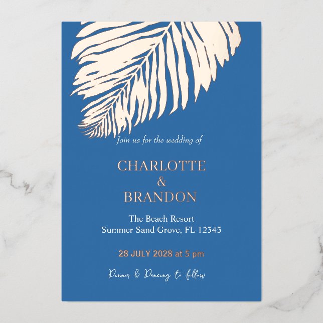 Invitation En Aluminium Ocean Blue Tropical Palm Leaf Mariage Gold (Recto)