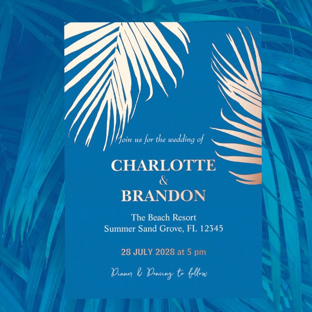 Invitation En Aluminium Ocean Blue Tropical Palm Leaf Mariage Gold (Créateur téléchargé)