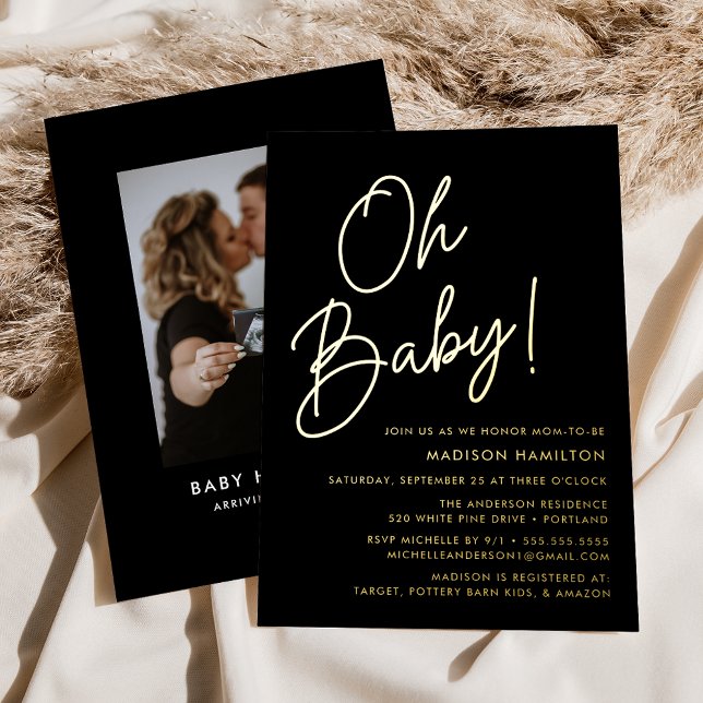 Invitation En Aluminium Oh Baby Black and Gold Script Baby shower photo (Créateur téléchargé)