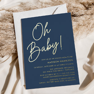 Invitation En Aluminium Oh Baby Navy et Baby shower Gold Script