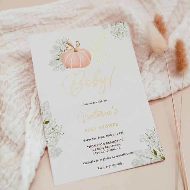 Invitation En Aluminium Oh Bébé rose citrouille baby shower floral fille (Oh Baby pink pumpkin floral girl baby shower Foil Invitation)