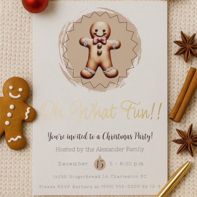 Invitation En Aluminium Oh What Fun Gingbread Homme Fête | BLANCHE (White Oh What Fun Gingerbread Man Holiday Party Invitation)