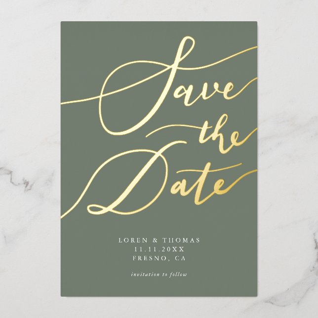 Invitation En Aluminium Olive Enregistrer La Calligraphie Date (Recto)